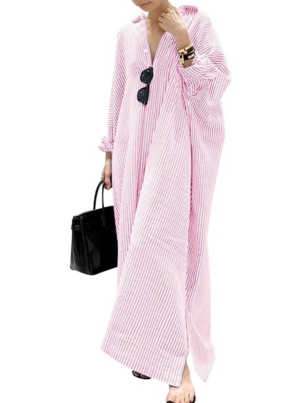 Women's Pink Long Sleeve Button Down Loose Striped Cotton Maxi Shirt Dress